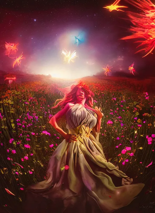 Prompt: An epic fantastic realism comic book style painting of the most beautiful twirling flowers launched across the dark and starry sky, bouquets, fisheye lens, unreal 5, DAZ, hyperrealistic, octane render, dynamic lighting
