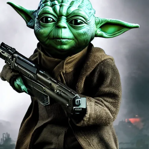 Image similar to Yoda as the main character in Call of Duty black ops, holding a gun, highly detailed, high quality, HD, 4k, 8k, Canon 300mm, professional photographer, 40mp, lifelike, top-rated, award winning, realistic, sharp, no blur, edited, corrected, trending