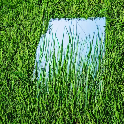 Prompt: the grass is made of mirror, in the style of mirrors