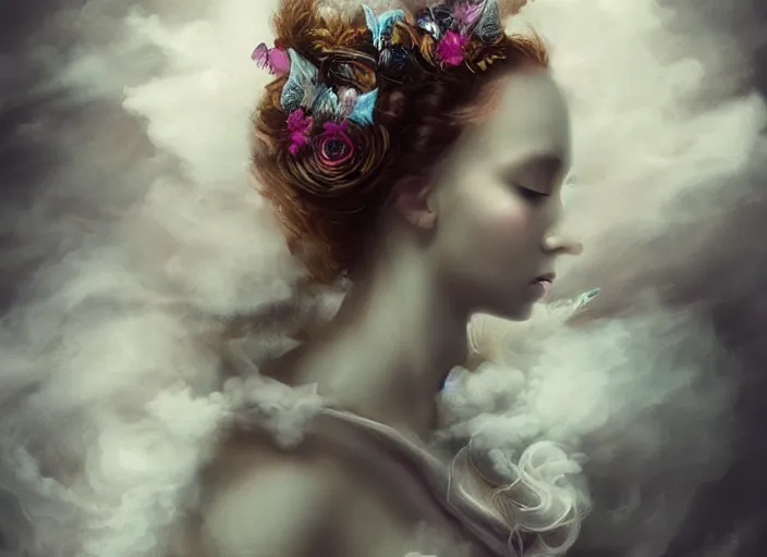 Prompt: beautiful, haunting ghost, apparition,young woman made out of smoke and clouds, in renaissance times, detailed gorgeous face, flowing hair, vaporwave aesthetic, synthwave long luxurious gown made out of pearls, hair done up with flowers and ribbons, digital art, butterflies, birds, digital painting, artstation, concept art, smooth, sharp focus, illustration, art by artgerm and greg rutkowski and alphonse mucha H 1024