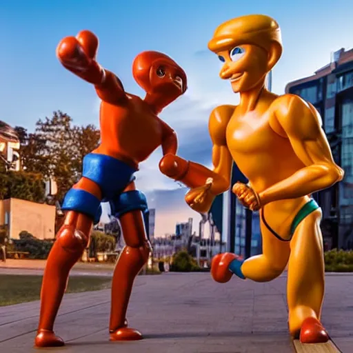 Image similar to action photo, toy called Stretch Armstrong, life size, fighting a dwarf Indian man, golden hour, award winning, wide angle
