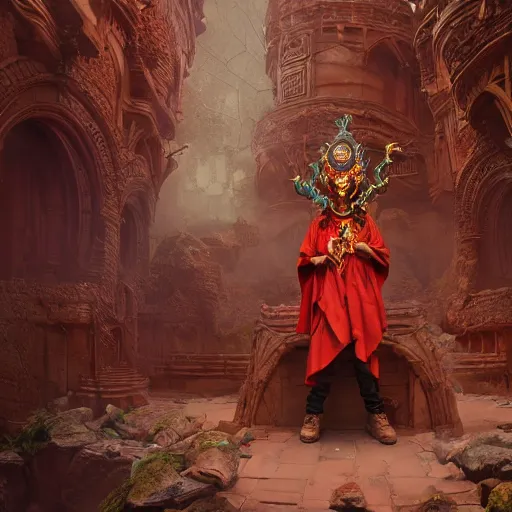 Prompt: alchemist wearing an ornate bronze headdress and red robes standing in a sandstone ruin intricate artwork by Tooth Wu and wlop and beeple and Dan Mumford. Octane render, trending on artstation, greg rutkowski very coherent symmetrical artwork. Cynematic, hyper realism, high detail 8k