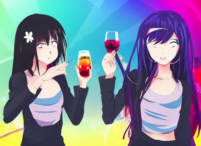 Image similar to Two young anime girls. One is smoking a fat joint, the other is drinking wine from a bottle. Hypnotic background