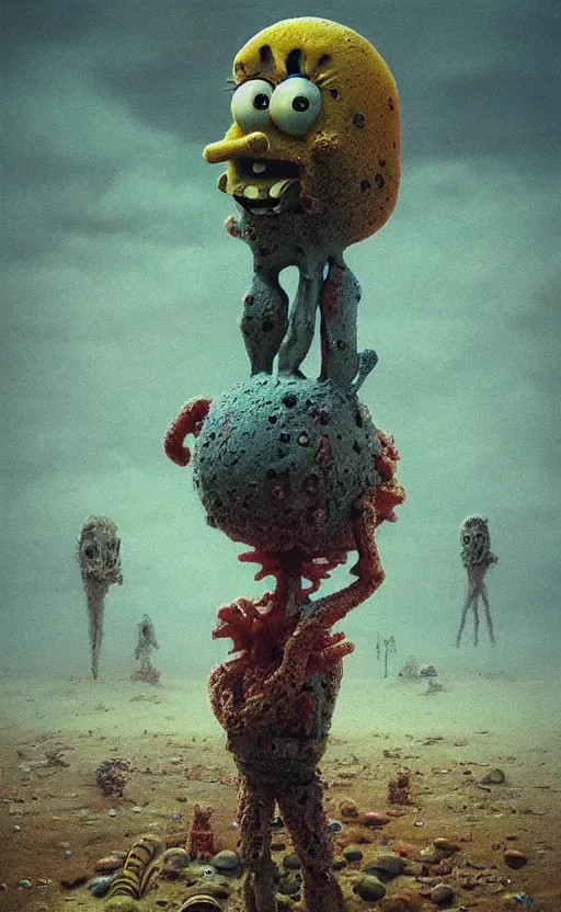 Image similar to spongebob squarepants in style of zdzisław beksinski, standing in wasteland, horror art, creepy, desolate, spongebob, spongebob, spongebob, spongebob