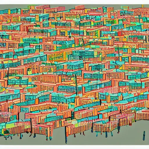 Prompt: a chinese prison, in the style of daniel johnston and outsider art, 8 k, line brush, minimal, brightly coloured, flat blocks of color, overlaid with chinese adverts