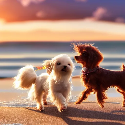 Prompt: a photorealistic closeup image of a cute brown colored long haired chihuahua cocker spaniel dog as well as a smiling white bichon frise puppy playing at the beach. sunset, surf, brightly lit scene. fine detail. nice composition. 4 k hd unreal engine