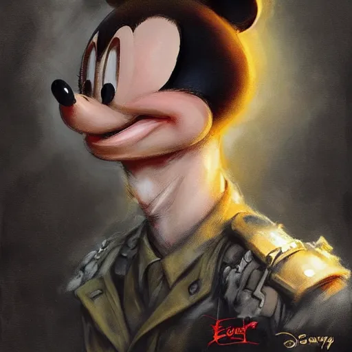 Prompt: portrait of mickey mouse, epic, tragic, military art, fantasy, dieselpunk, hd shot, digital portrait, beautiful, artstation, comic style, by artgerm, guy denning, jakub rozalski, magali villeneuve and charlie bowater