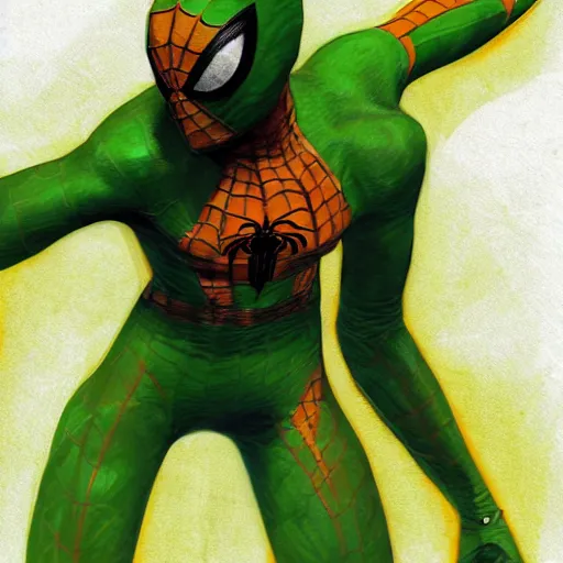 Prompt: an orange and green spiderman by cedric peyravernay
