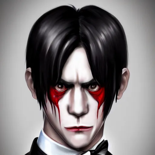 Image similar to full face shot of a handsome butler with straight black hair, a red highlight, long bangs, with alligator eyes, creepy smile, fancy, ultra detailed, brush strokes, digital painting, cinematic, wlop artstation, pixiv, intimidating glare, yoshitaka amano, andy warhol, ultra realistic,