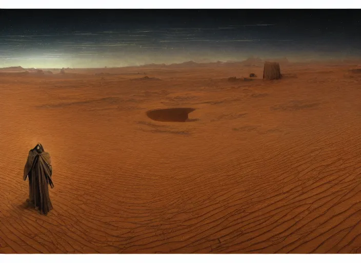 Prompt: a man wanders in a martian desert, by jean delville and sophie anderson and mandy jurgens and ralph mac quarrie, retrofuturism, immaculate scale, moody atmosphere, cinematic atmospheric, cinematic lighting, golden ratio, perfect composition, elegant, no crop, extremely detailed, 4 k, hd, sharp focus, masterpiece, trending on artstation
