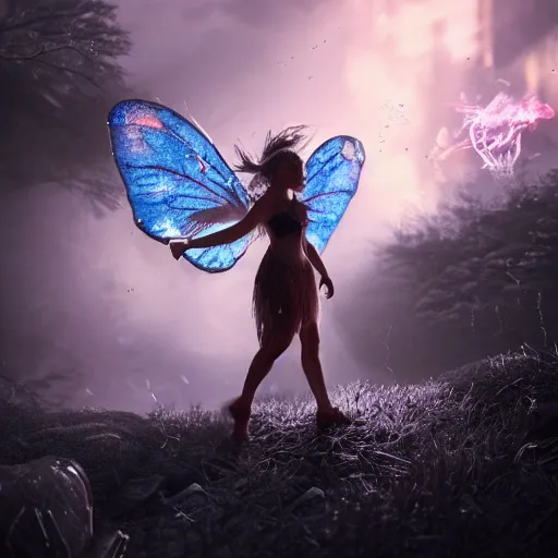 Image similar to full body pose, hyperrealistic photograph of a fairy apocalypse, dim volumetric lighting, 8 k, octane beautifully detailed render, extremely hyper detailed, intricate, epic composition, cinematic lighting, masterpiece, trending on artstation, very very detailed, stunning, hdr, smooth, sharp focus, high resolution, award, winning photo, dslr, 5 0 mm