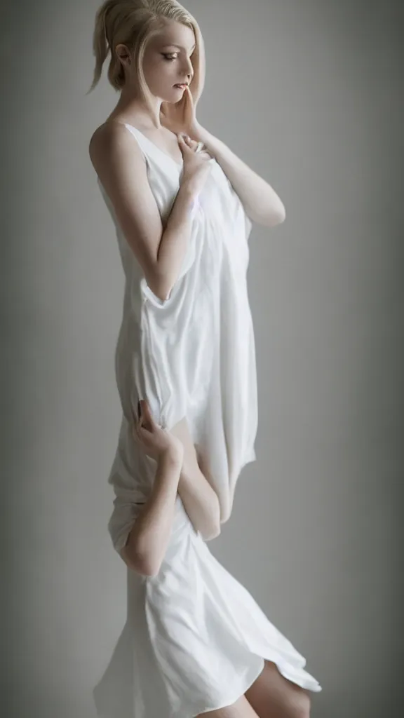 Prompt: extremely beautiful studio photo of emily skinner, looking like annie leonhart, wearing heels and white dress, in a white room, pale skin, bokeh, very very very very beautiful!!, hard focus, sexy pose, full body shot, 9 0 mm, f / 1. 2 5