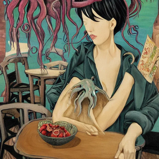 Image similar to tall female emo artist holding an octopus in a flooded cafe, bagels, pigs, water gushing from ceiling, painting of flood waters inside a cafe, a river flooding indoors, pomegranates, pigs, ikebana, water, octopus, river, rapids, waterfall, black swans, zen, canoe, berries, acrylic on canvas, surrealist, by magritte and monet