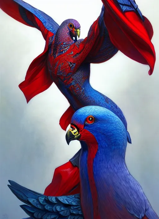 Image similar to portrait of aggressive pigeon humanoid, d & d, muscular! blue and red, fantasy, intricate, elegant, highly detailed, digital painting, artstation, concept art, smooth, sharp focus, illustration, art by artgerm and greg rutkowski and alphonse mucha