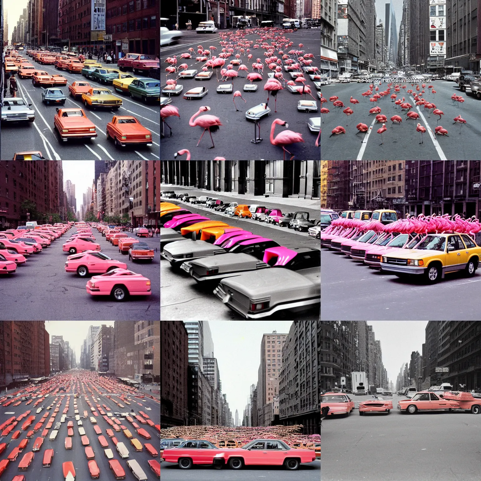 Prompt: A high quality photograph of a Manhattan street full of wheeled flamingo cars, 1991. High resolution.” + “A color photo of kittens beatboxing with a large boombox at a street, New York city, 1973. High quality, high resolution