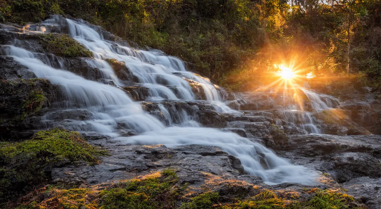 Prompt: Sunrise at the waterfall, photo