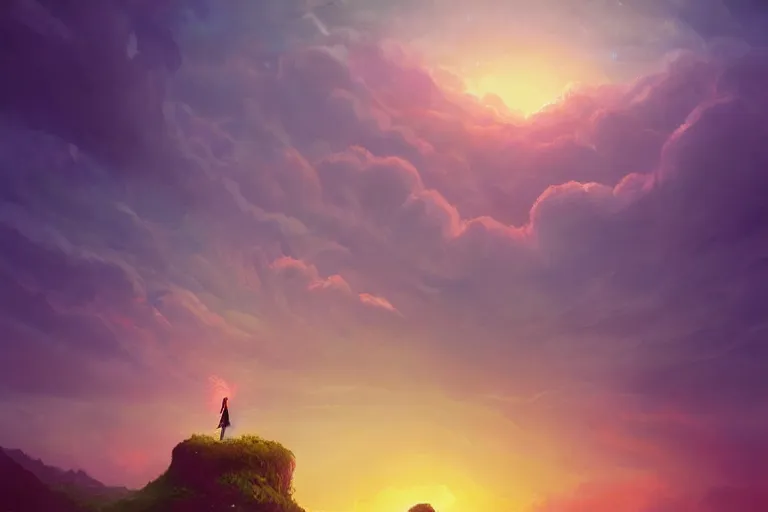 Image similar to giant flower over head, girl standing on cliff, surreal photography, sunset, stars, dramatic light, impressionist painting, storm clouds, digital painting, artstation, simon stalenhag