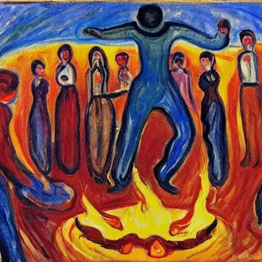 Image similar to insane dances around the campfire, oil painting expressionism edvard munch