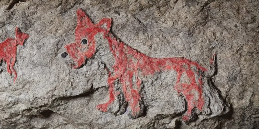 Image similar to A Yorkshire Terrier very roughly sketched on the wall of a cave, a petrogliph, stone art in red by Altamira Cave dwellers, stone art