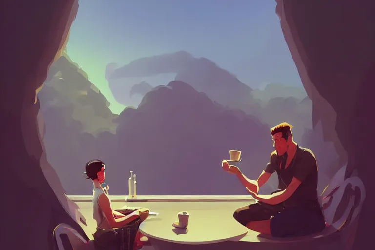 Prompt: a matte painting of a man sitting down and having a cup of tea in his house by the beach, in the style of artgerm, charlie bowater, atey ghailan and mike mignola, vibrant colors and hard shadows and strong rim light, plain background, comic cover art, trending on artstation