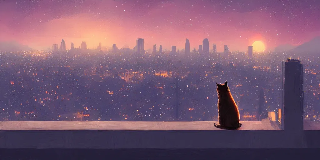 Prompt: A cat overlooking a city at night by Jessica Rossier and Alena Aenami