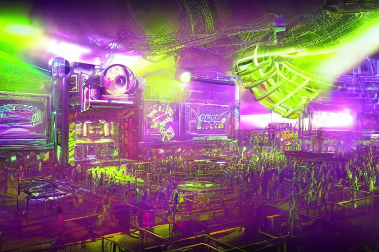 Prompt: an outdoor festival stage with audience, neon letters tripmachine, center of the stage is a big futuristic steampunk generator with gears and belts and tubes, surrounded by big cyberpunk loudspeakers, rock musicians on the stage, laser show, 8 k, fluorescent colors, halluzinogenic, multicolored, exaggerated detailed, unreal engine