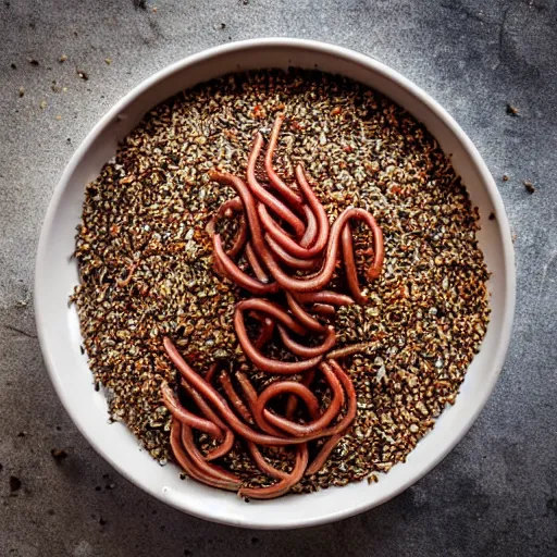 Prompt: a delicious bowl of earthworms sprinkled with birdseed, food photography