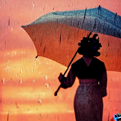 Prompt: dramatic portrait of a geisha holding and umbrella in a rainstorm at sunset by rob rey