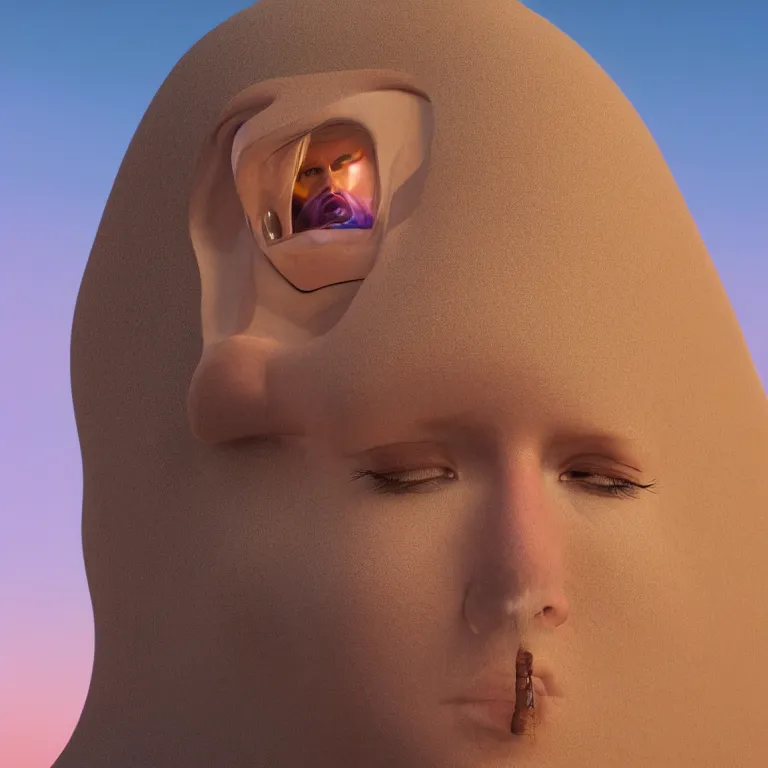 Image similar to octane render portrait by wayne barlow and carlo crivelli and glenn fabry, a beautiful symmetrical human face face inside of a gigantic huge colorful sand dune, inside a giant beautiful dessert at goldenhour, light beams, cinema 4 d, ray traced lighting, very short depth of field, bokeh