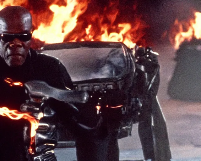 Image similar to Samuel L. Jackson plays Terminator wearing leather jacket and his endoskeleton is visible, walking out of flames