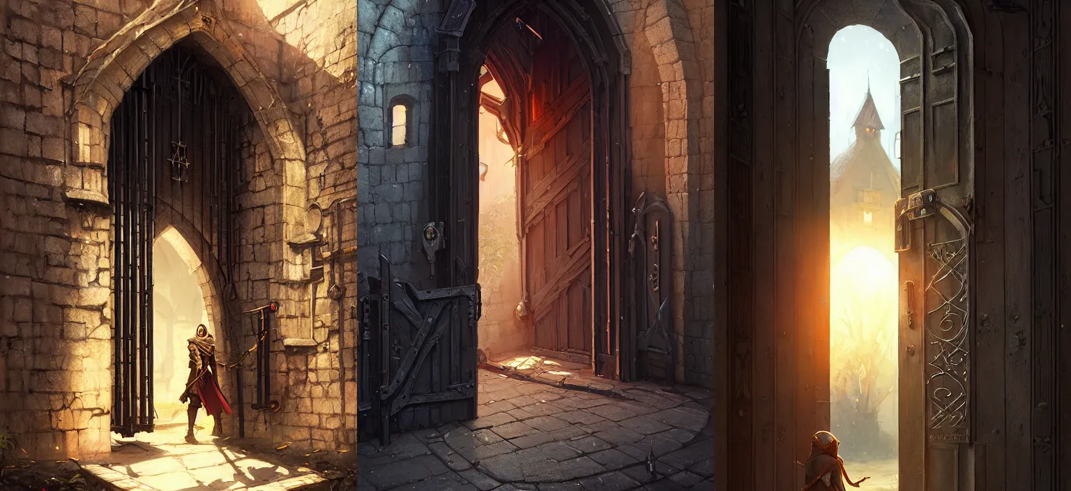 Prompt: medieval door with black steel bars, stephen bliss, unreal engine, fantasy art by greg rutkowski, loish, rhads, makoto shinkai and lois van baarle, ilya kuvshinov, rossdraws, detailed and intricate environment