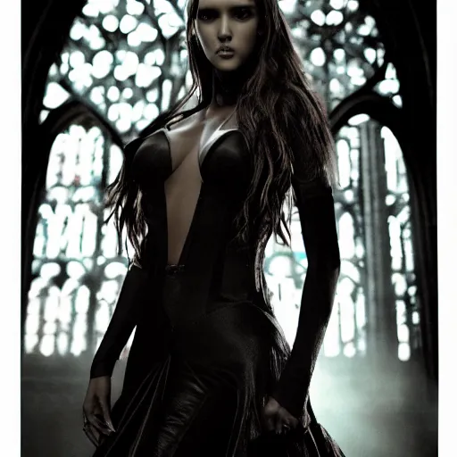 Image similar to jessica alba as a female demon in a gloomy gothic cathedral at night