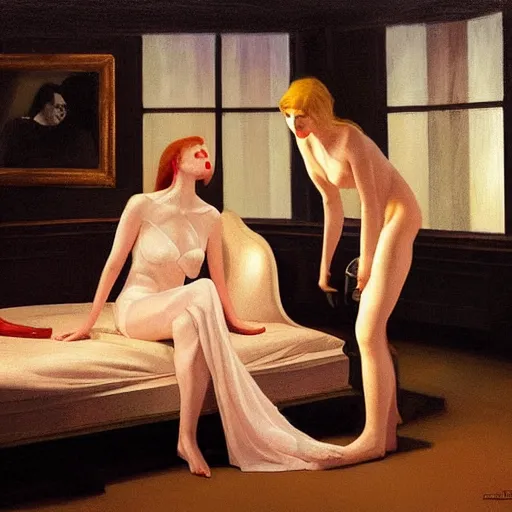 Prompt: a vampire Elle Fanning draining her victim in the world of Edward Hopper, stormy weather, extremely detailed masterpiece, oil on canvas, low-key neon lighting, artstation, Blade Runner 2049, Roger Deakin’s cinematography, by J. C. Leyendecker and Peter Paul Rubens,