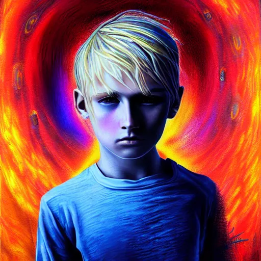 Image similar to powerful eyes glowing highly detailed painting of deep sadness alone, young blonde boy spiritual portrait, fractal electricity surrounding him, expressive emotional sadness piece, trending on art station, abstract emotional sadness expression, very very very beautiful, fantasy digital art, visionary art, magical fantasy 2 d concept art