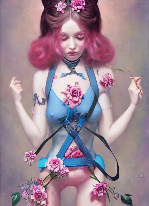 Image similar to pop surrealism, lowbrow art, realistic seductive cute woman looking painting, pink body harness, japanese shibari with blue flowers, hyper realism, muted colours, rococo, natalie shau, loreta lux, tom bagshaw, mark ryden, trevor brown style,