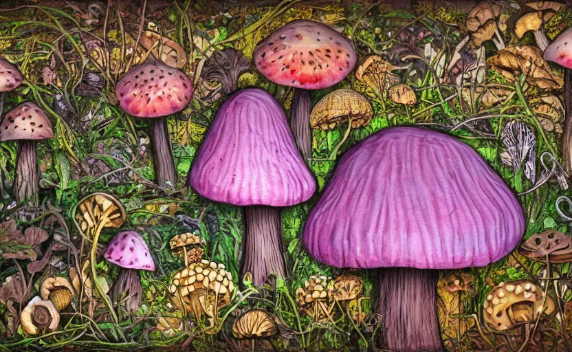 Prompt: one huge hyperdetailed elaborate mushroom, seen from the long distance, in the woods, at night. in a wood made of paper and plastics. 8 x 1 6 k hd mixed media 3 d collage in the style of a childrenbook illustration in vibrant pastel tones. shiny matte background no frame hd