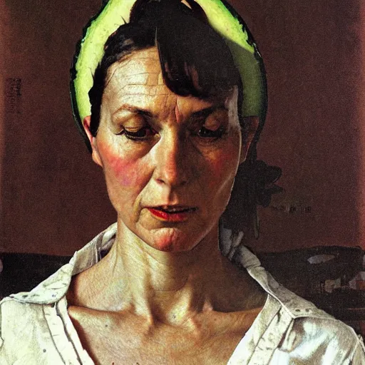 Image similar to frontal portrait of an avocado priestess, by norman rockwell