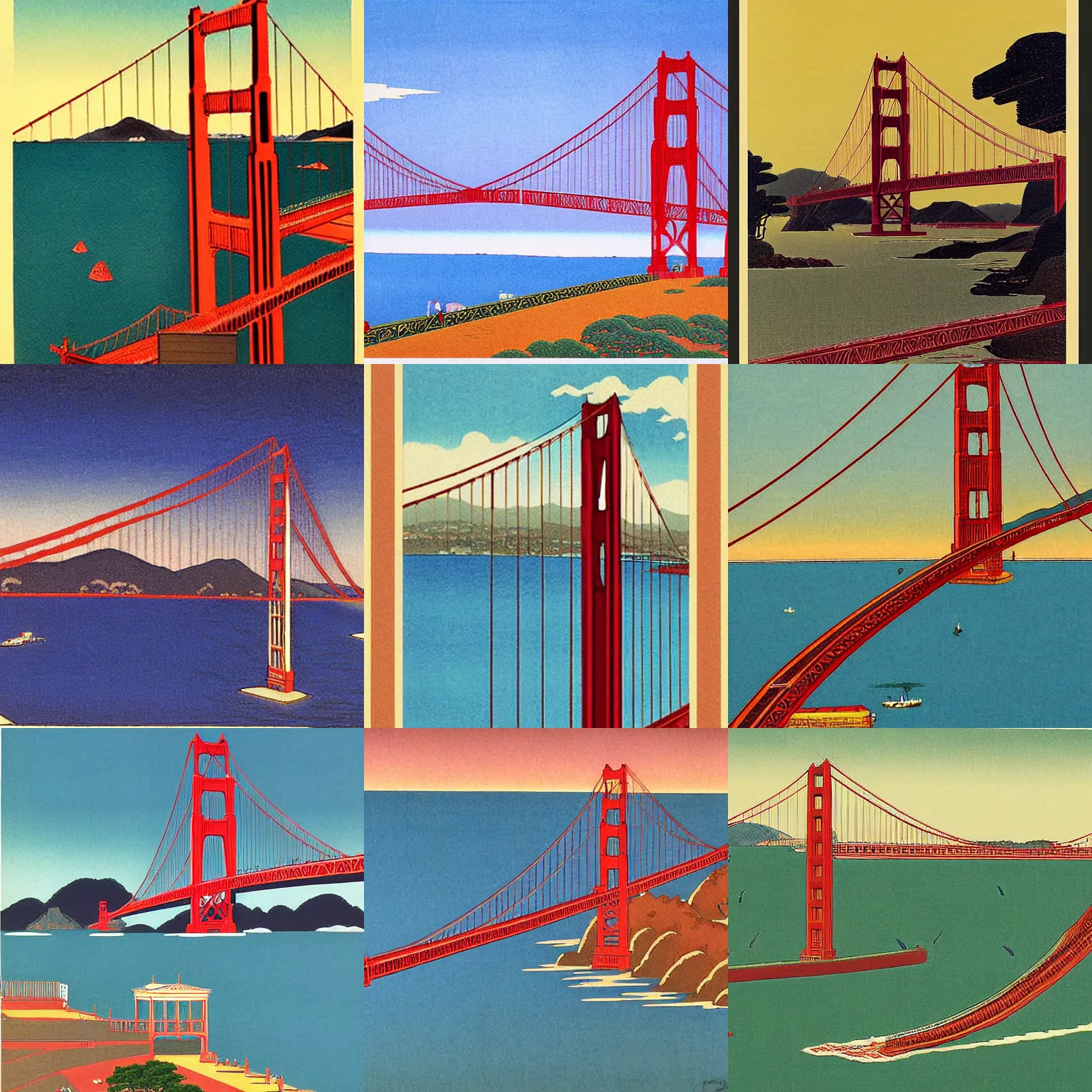 Prompt: golden gate bridge by hasui kawase and hiroshi yoshida