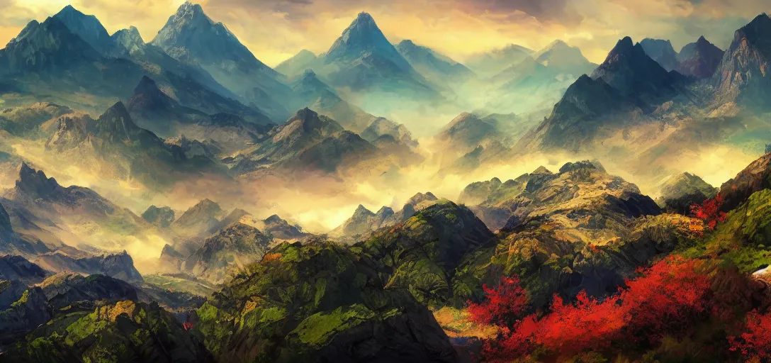 Image similar to vast mountain landscape, craggy mountains, magic the gathering, three - colors, three - color color palette, panoramic, wide angle, horizon, highly detailed