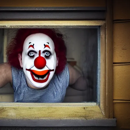 Image similar to photo of a scary clown looking through your bedroom window