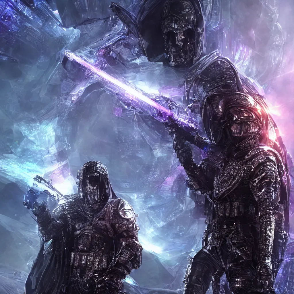Prompt: Realistic render of a dark hooded powerful elite assassin wearing iridescent armor coated in complex circuitry and motherboards and microchips and brandishing a celestial sword (extremely detailed, iridescent, high quality, epic, futuristic, octane render, beautiful, shimmering, deity, epic dark megastructure background, 4K)