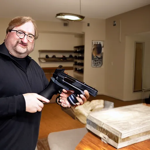Prompt: Gabe Newell delivering a pistol to an apartment