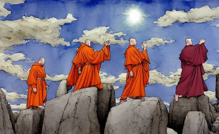 Image similar to a hyperrealist watercolour concept art of a group of medieval monks in grey robes levitating a huge flat rock in the air over their head. a large stonehenge moneument is in the sky. by rebecca guay, michael kaluta, charles vess and jean moebius giraud. high detail, hq, wide shot