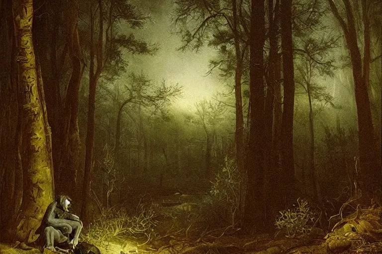 Image similar to dark and spooky painting of a forest dimly lit at night with a scary wolfman in the woods. muted colour palette, detailed oil painting by asher brown durand