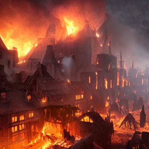 Image similar to medieval village burning down from meteor debris, award winning, trending on artstation, unreal engine, fantasy art, octane render, hyperrealistic