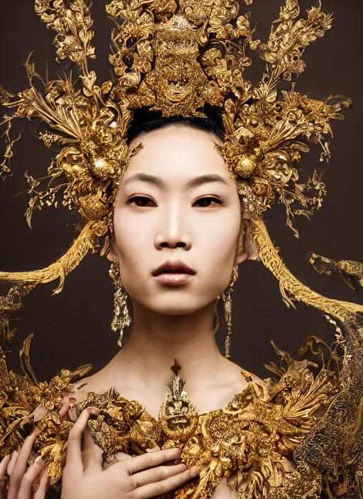 Image similar to a portrait of pan - asian female by stefan geselle and nekro borja, photorealistic, intricate details, hyper realistic, fantasy, elegant, baroque gold headpiece, photorealistic, canon r 3, photography, wide shot, symmetrical features, symmetrical pose, wide angle shot, head to toe, standing pose, feet on the ground, wearable art