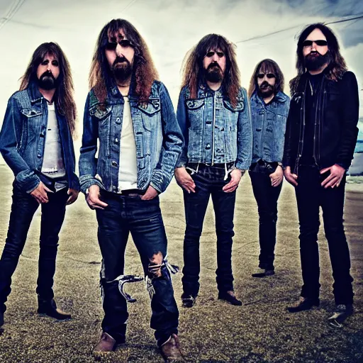 Prompt: Proto-metal band, long shaggy hair, double denim, 2022 photograph, band promo, HD photograph