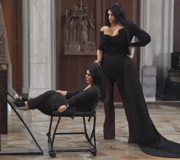 Image similar to a movie still of kim kardashian handcuffed with a chain around her neck, bonded to a steel chair on the alter of a church. priest yelling shame at her