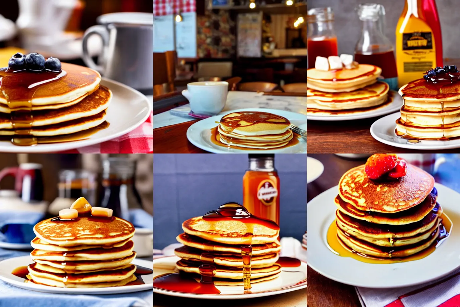 Prompt: a delicious stack of pancakes with maple syrup, on a table in a traditional american diner