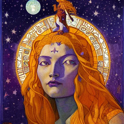 Image similar to queen of the moon with stars in her hair, by nicholas roerich and annie swynnerton and donato giancola and diego rivera and dulac, dramatic lighting, god rays, geometric tattoos, rich colors, smooth sharp focus, extremely detailed, leo and diane dillon, adolf wolfli